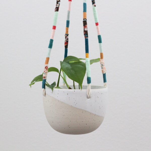 Hanging Ceramic Planter with Wrapped Cords, in Pink, Teal and Mustard