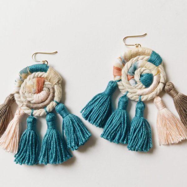 Statement Fringe Earrings in Teal and Peach